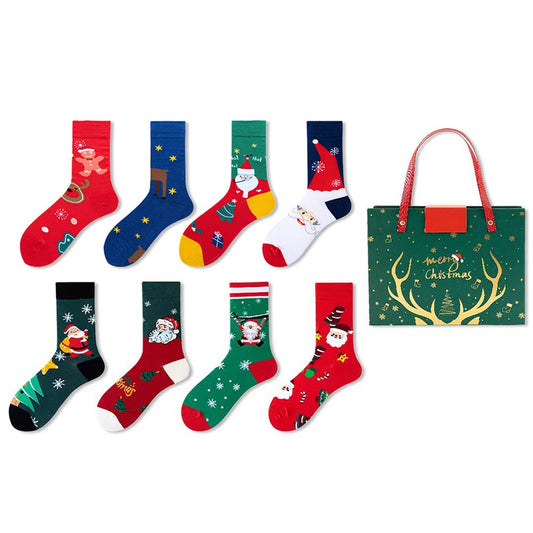 8 Pairs of Christmas Socks Mixed Color Cotton Socks with Packing Box - Set 1