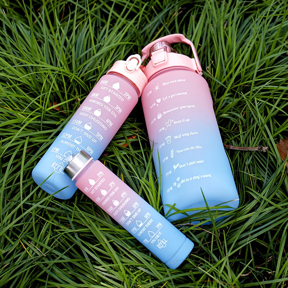 3-Piece Transparent Motivational Water Bottles with Time Markings - Pink