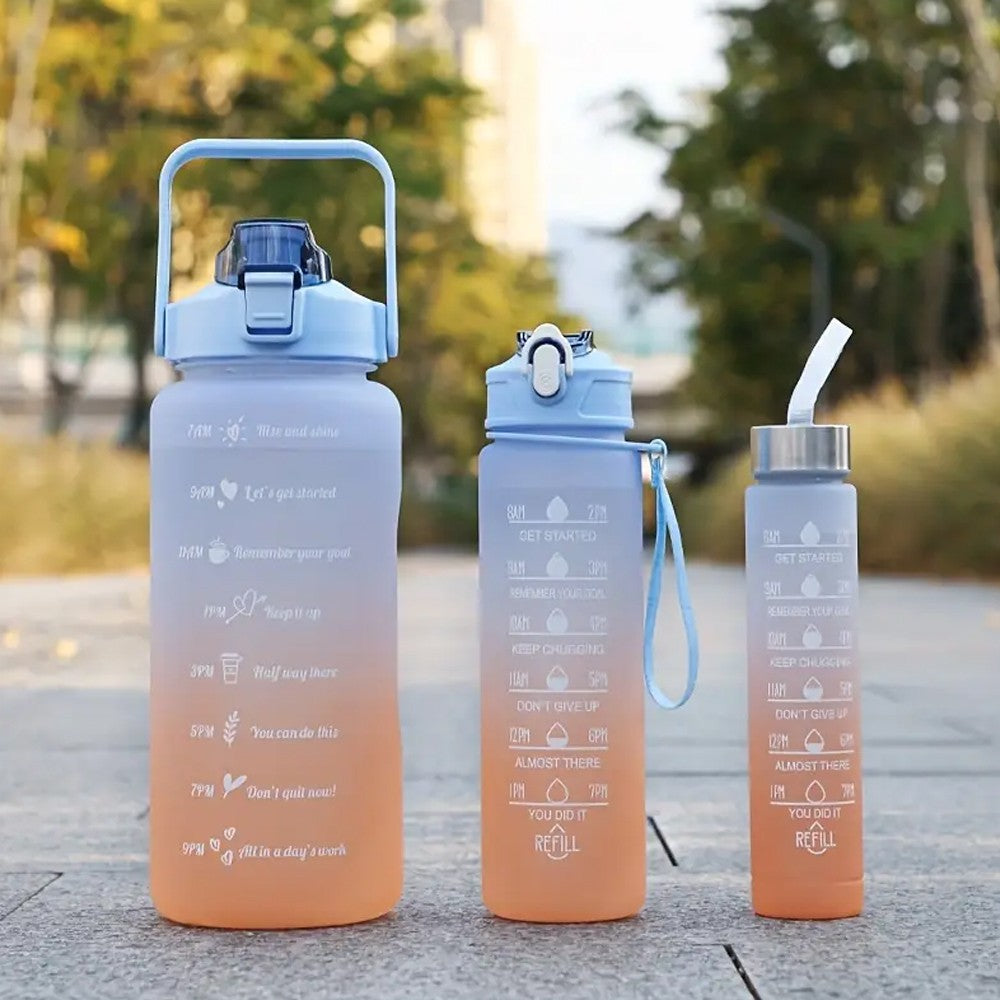 3-Piece Transparent Motivational Water Bottles with Time Markings - Orange