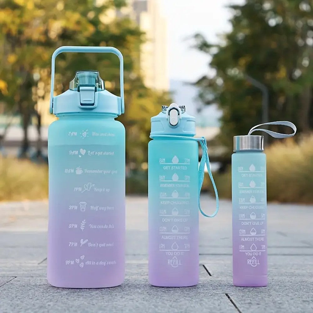 3-Piece Transparent Motivational Water Bottles with Time Markings - Purple