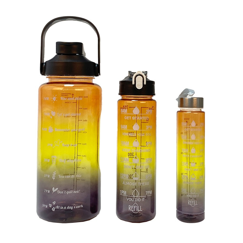 3-Piece Transparent Motivational Water Bottles with Time Markings - Black