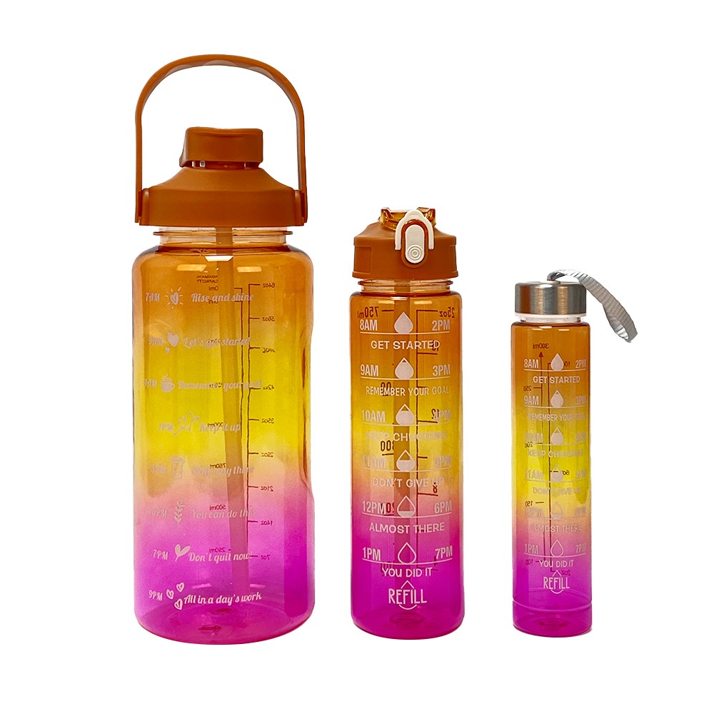 3-Piece Transparent Motivational Water Bottles with Time Markings - Rose red