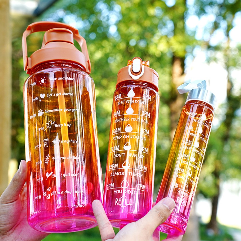 3-Piece Transparent Motivational Water Bottles with Time Markings - Rose red