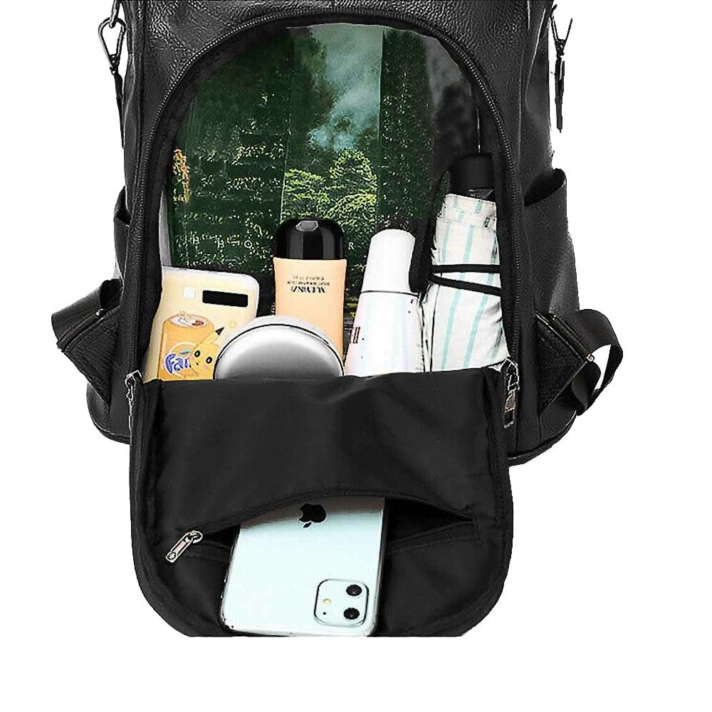 Womens PU Leather Anti-theft Backpack School Bags Travel Backpack - Black