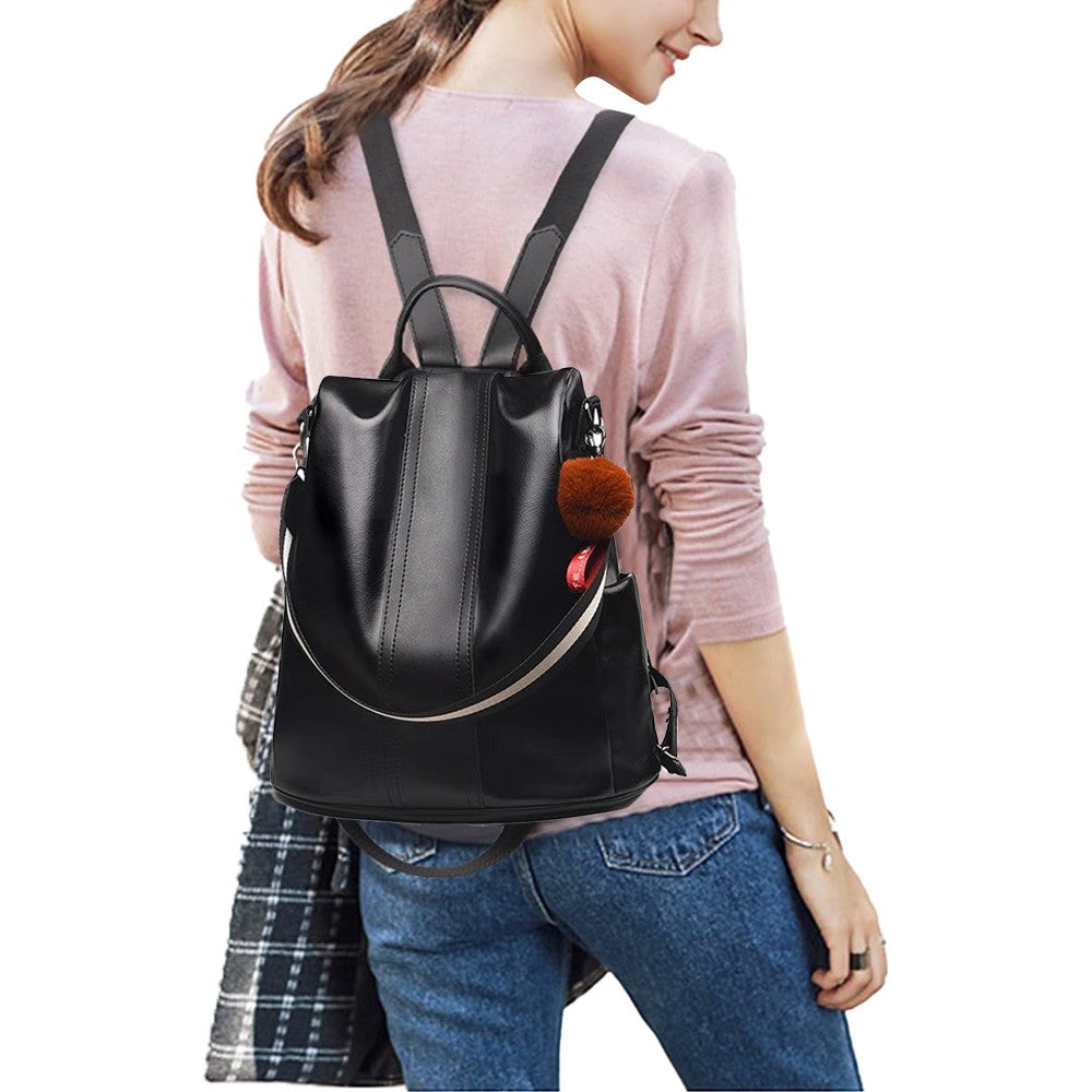 Womens PU Leather Anti-theft Backpack School Bags Travel Backpack - Black