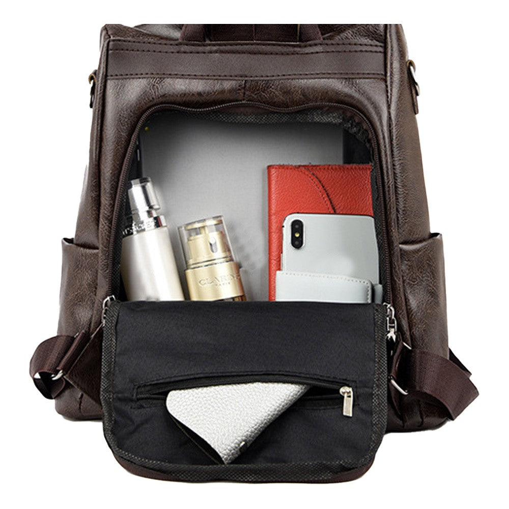 Womens PU Leather Anti-theft Backpack School Bags Travel Backpack - Brown