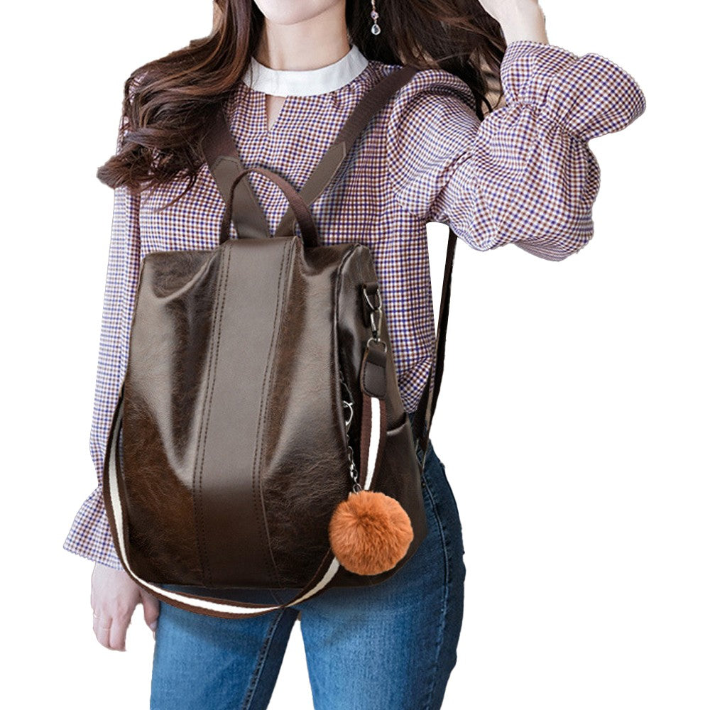 Womens PU Leather Anti-theft Backpack School Bags Travel Backpack - Brown