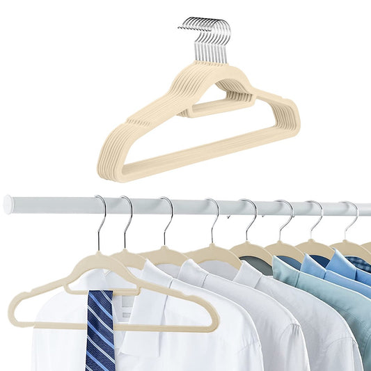 10Pcs Flocked Clothes Hanger Anti-Slip Coat Hanger with Swivel Hook Beige