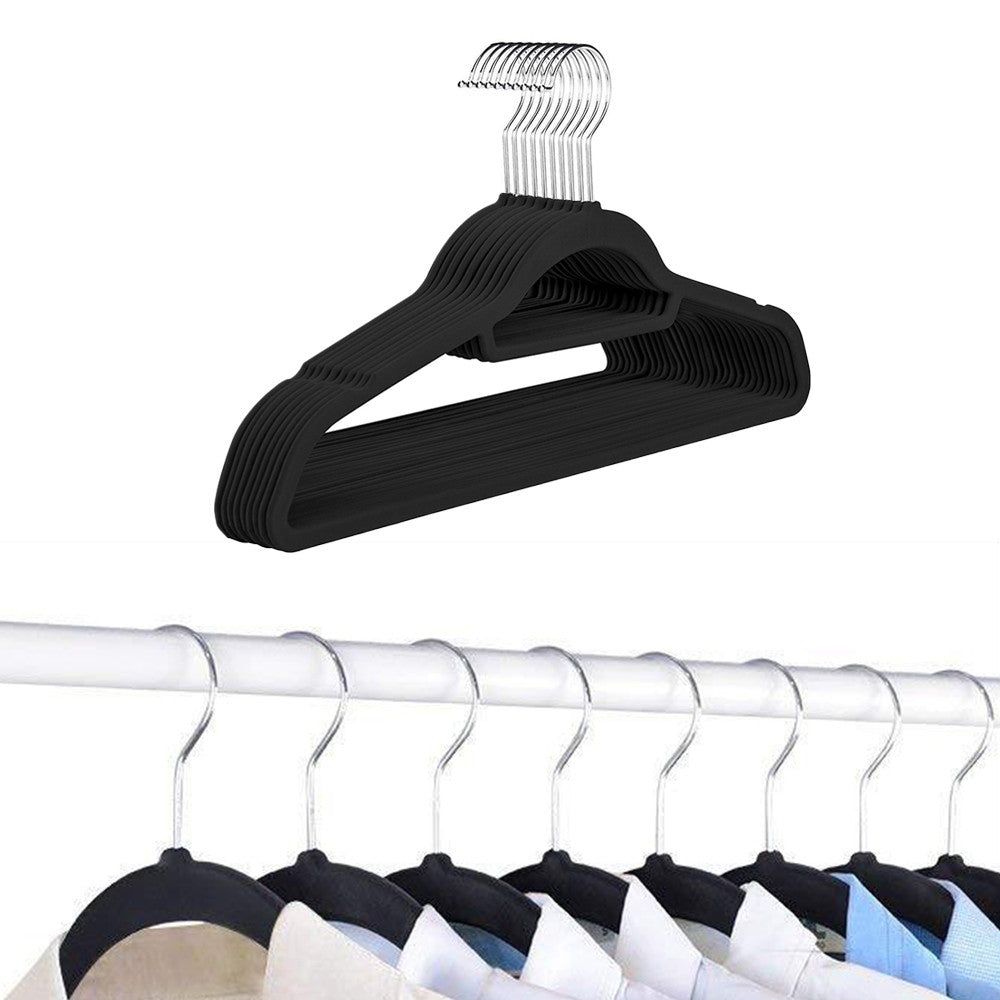10Pcs Flocked Clothes Hanger Anti-Slip Coat Hanger with Swivel Hook Black