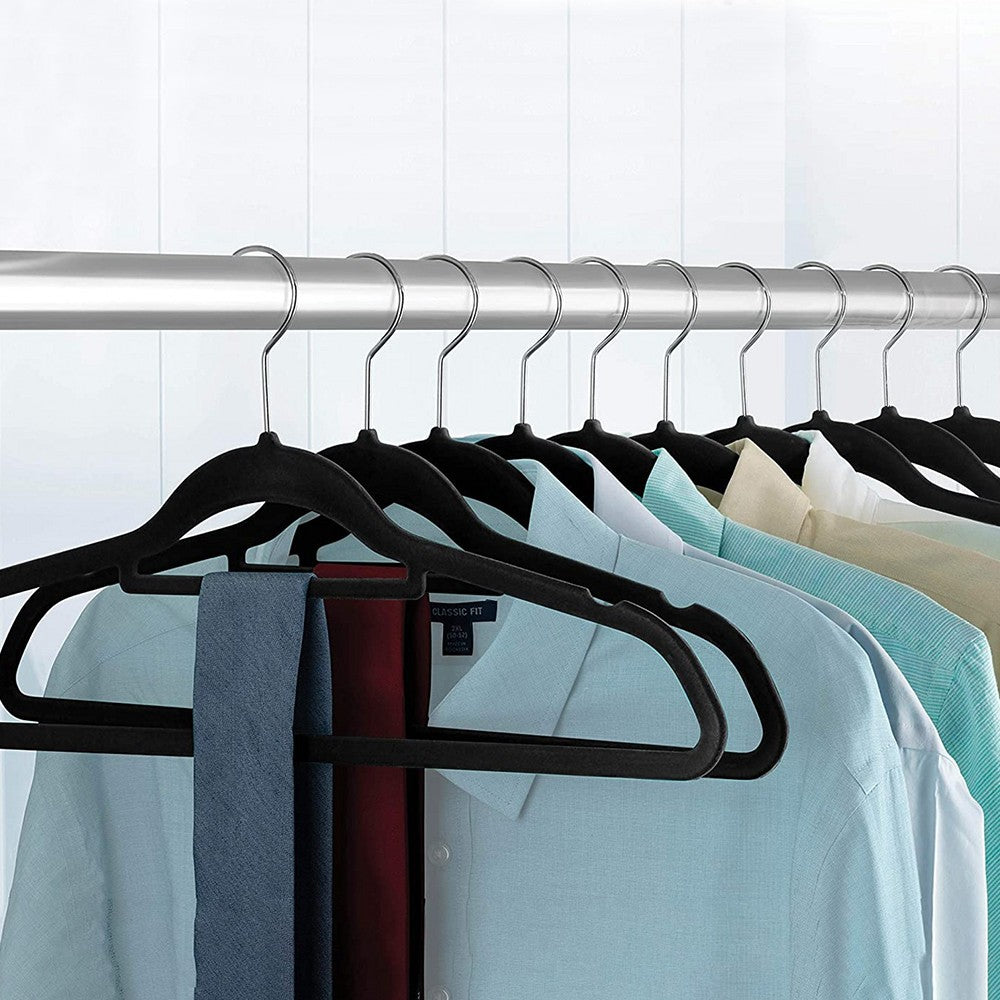 10Pcs Flocked Clothes Hanger Anti-Slip Coat Hanger with Swivel Hook Black