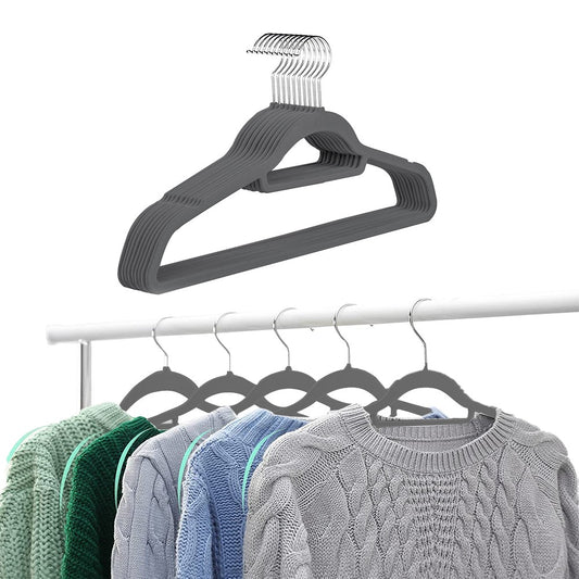 10Pcs Flocked Clothes Hanger Anti-Slip Coat Hanger with Swivel Hook Grey