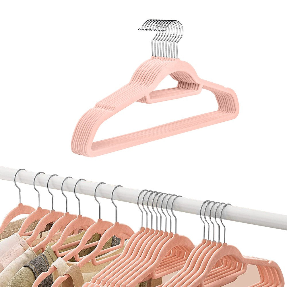 10Pcs Flocked Clothes Hanger Anti-Slip Coat Hanger with Swivel Hook Pink