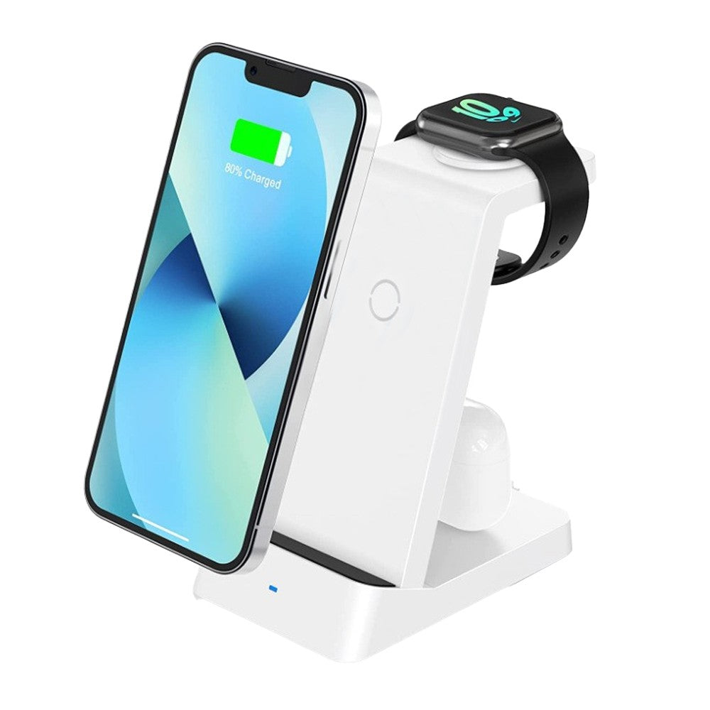 3 in 1 Qi Fast Charging Station 15W Wireless Charger Charging Dock for iPhone/Apple Watch/AirPods White