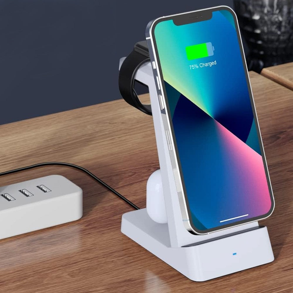 3 in 1 Qi Fast Charging Station 15W Wireless Charger Charging Dock for iPhone/Apple Watch/AirPods White