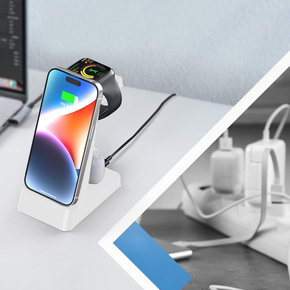 3 in 1 Qi Fast Charging Station 15W Wireless Charger Charging Dock for iPhone/Apple Watch/AirPods White