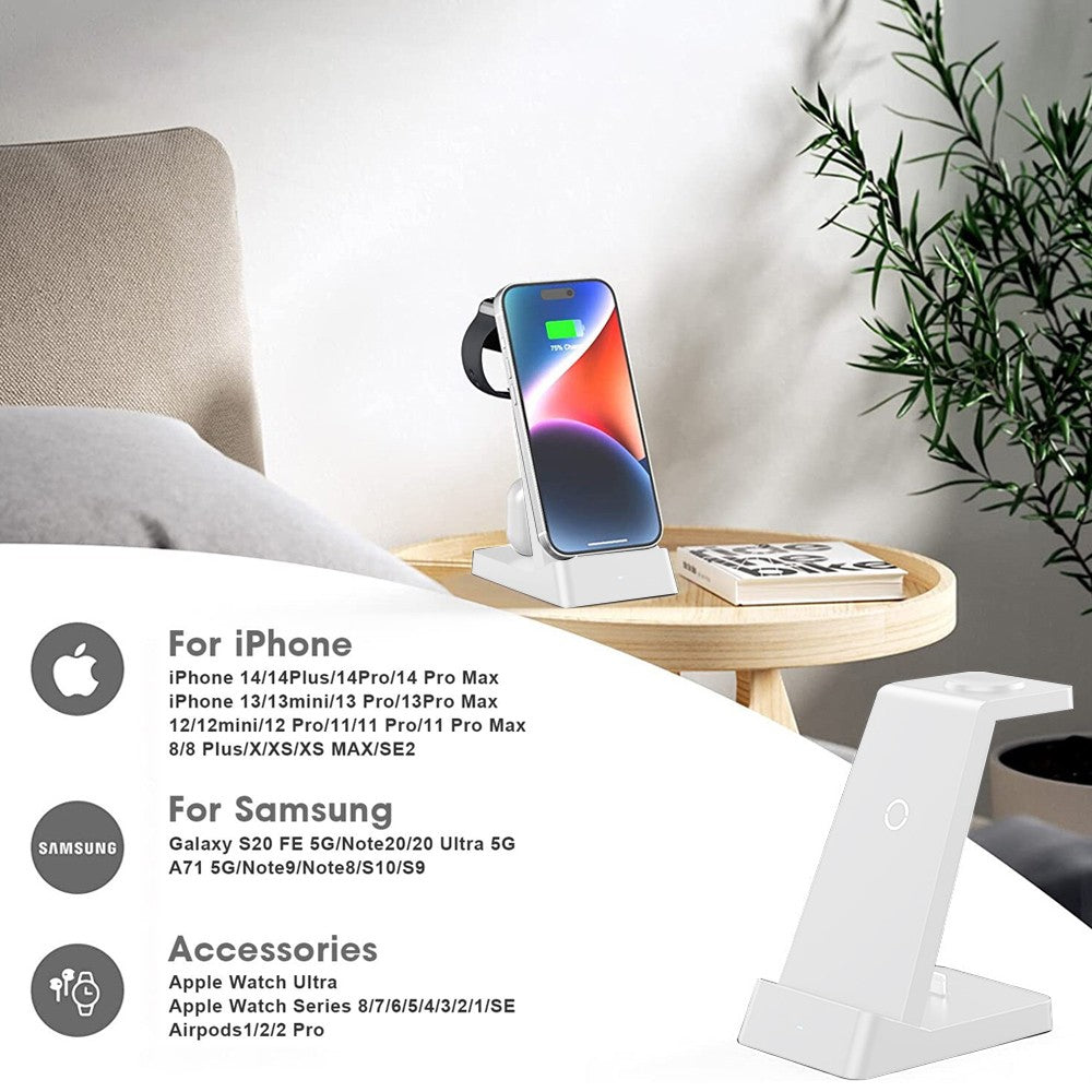 3 in 1 Qi Fast Charging Station 15W Wireless Charger Charging Dock for iPhone/Apple Watch/AirPods White
