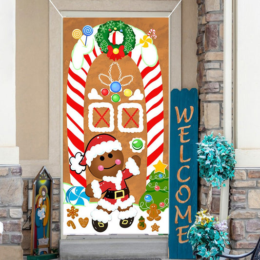 185x90cm Christmas Gingerbread Man Door Cover Xmas Door Hanging Banner Home Decor