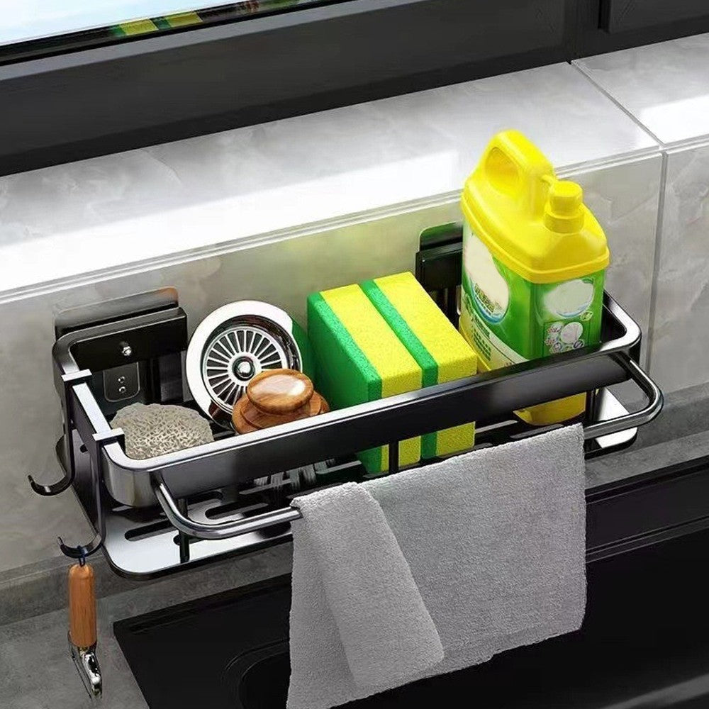 Wall Mounted Sink Sponge Holder No-punch Drain Rack for Kitchen Bathroom Black