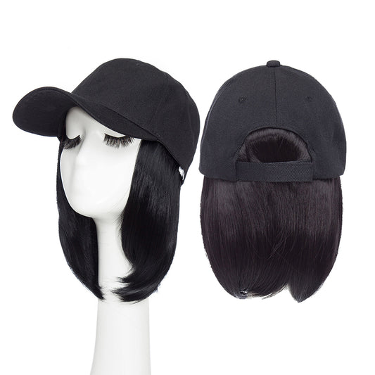 Black Wig Hat Baseball Cap Short Hair Wig with Wig Cap Net