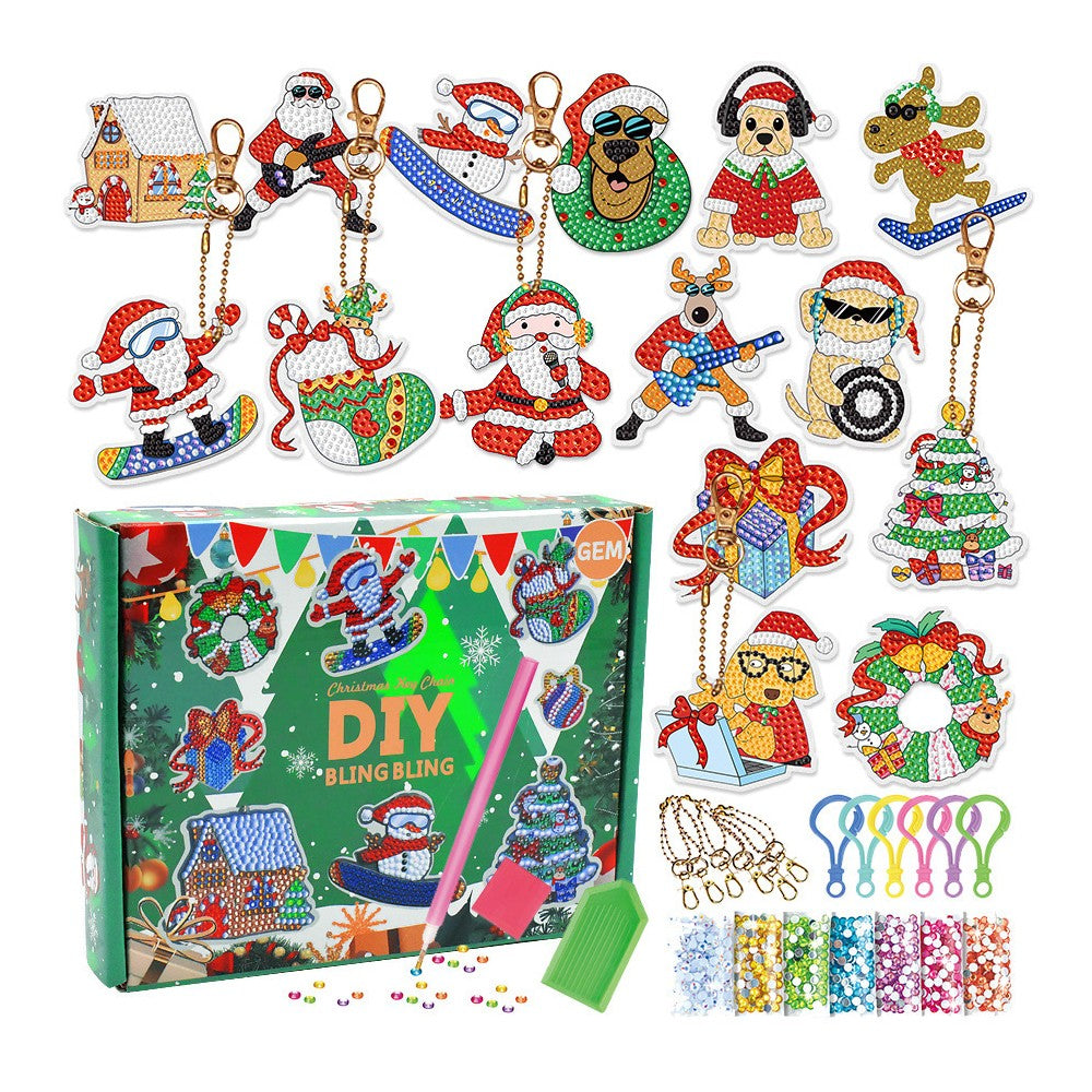 15Pcs DIY Christmas Diamond Painting Keychain Xmas Hanging Key Ring Pendant Style 1