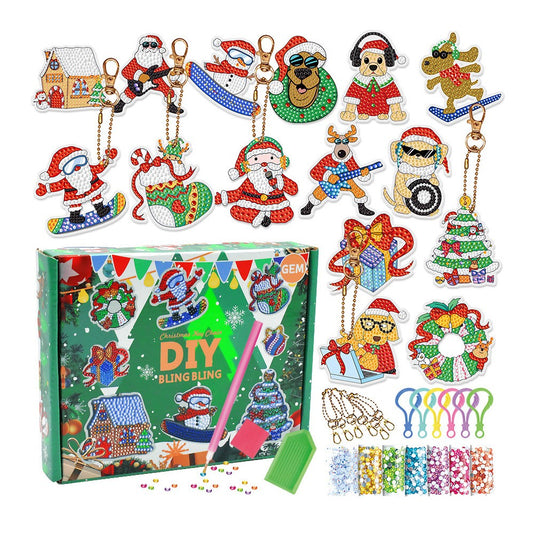15Pcs DIY Christmas Diamond Painting Keychain Xmas Hanging Key Ring Pendant Style 1