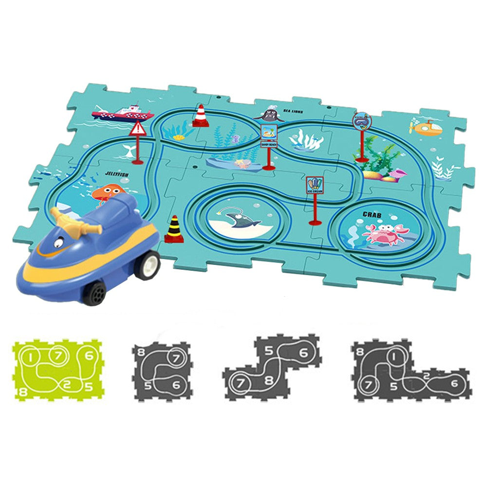 13-Piece Kids DIY Assembling Puzzle Rail Car Toy Set Electric Trolley Play Set - Ocean Style