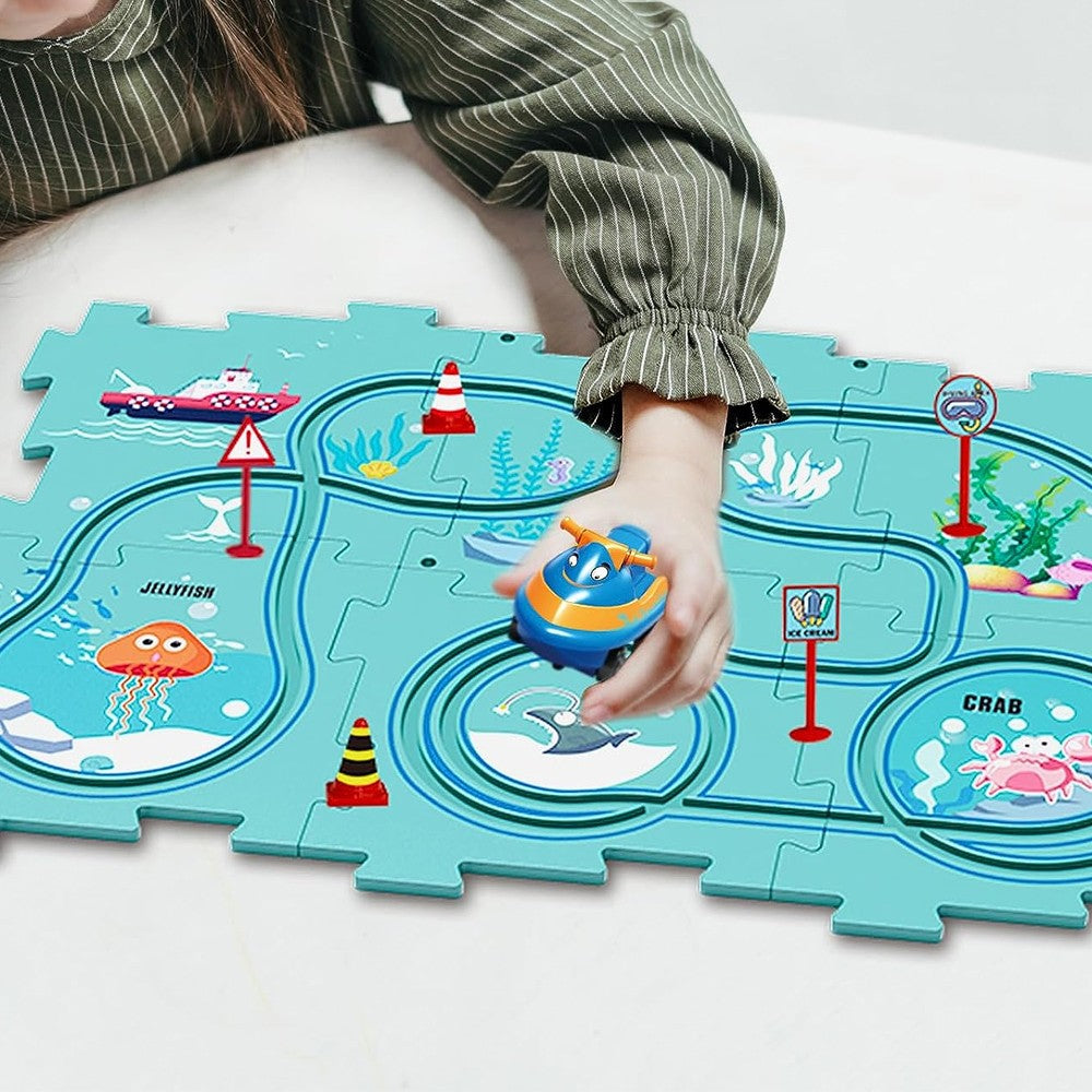 13-Piece Kids DIY Assembling Puzzle Rail Car Toy Set Electric Trolley Play Set - Ocean Style