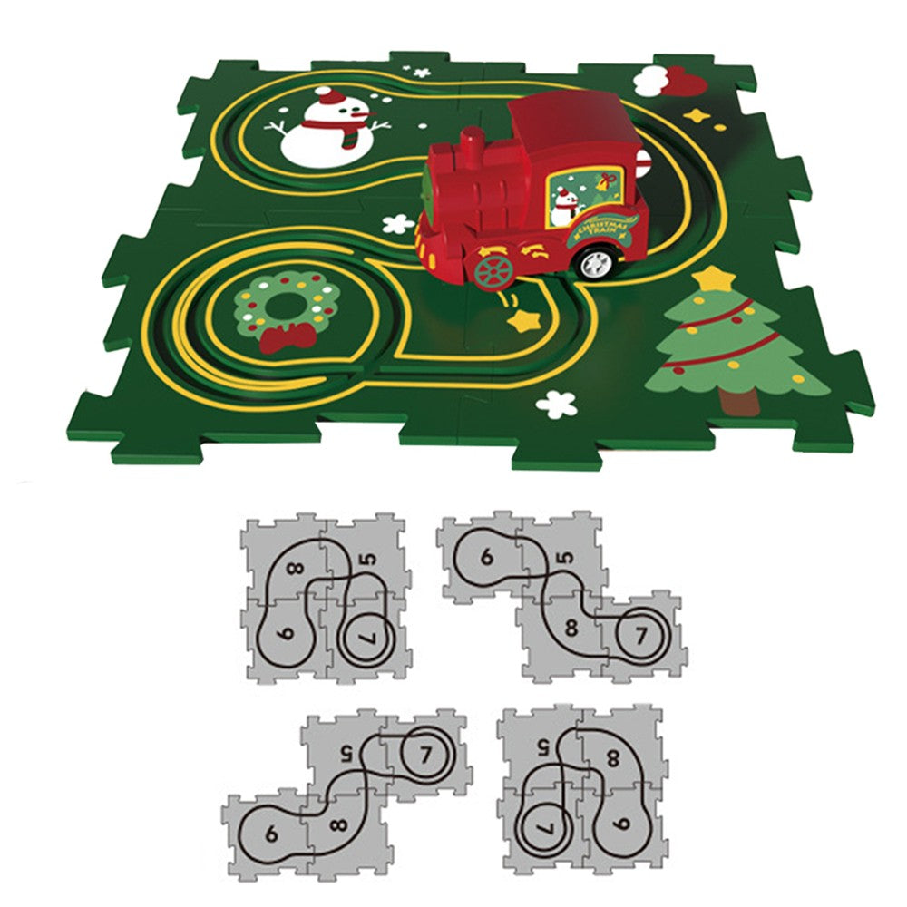 Kids Christmas DIY Assembling Puzzle Rail Car Toy Set - 4 Pieces Puzzle + 1 Toy Car