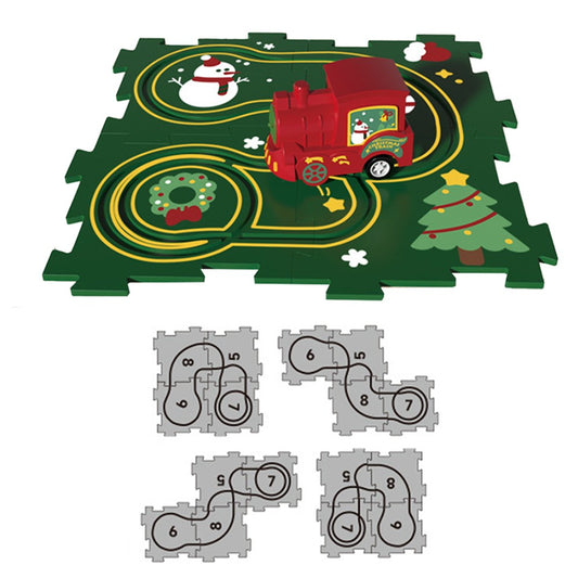 Kids Christmas DIY Assembling Puzzle Rail Car Toy Set - 4 Pieces Puzzle + 1 Toy Car