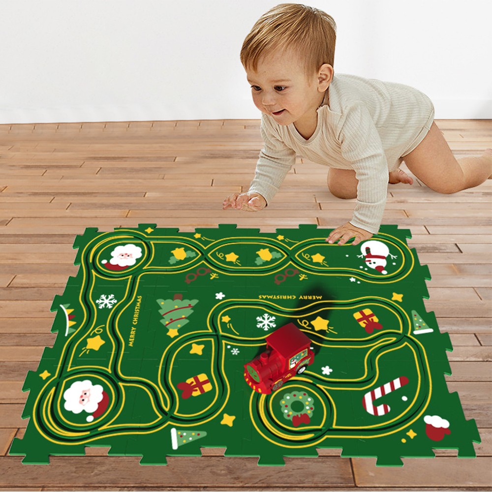 Kids Christmas DIY Assembling Puzzle Rail Car Toy Set - 12 Pieces Puzzle + 1 Toy Car