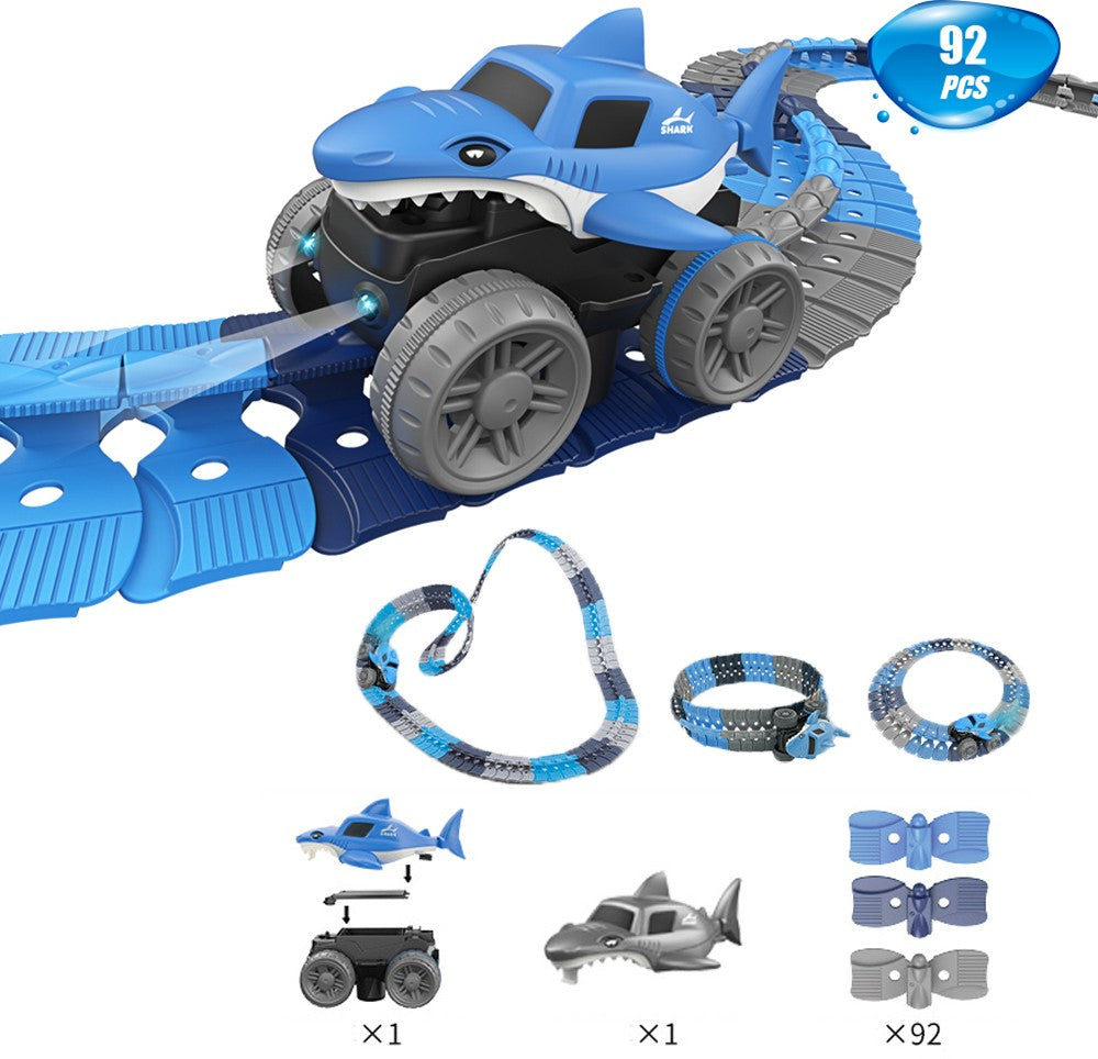 92Pcs Shark Racing Car Track Set Kids Light Up Shark Car Toy Flexible Changeable Track Toy