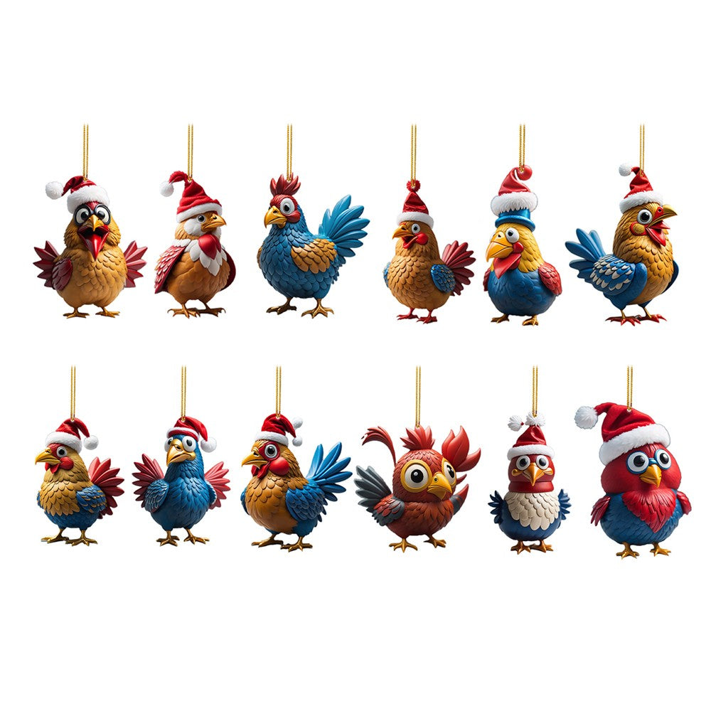 12Pcs Christmas Chicken Ornament Acrylic Rooster Pendant Xmas Tree Decoration