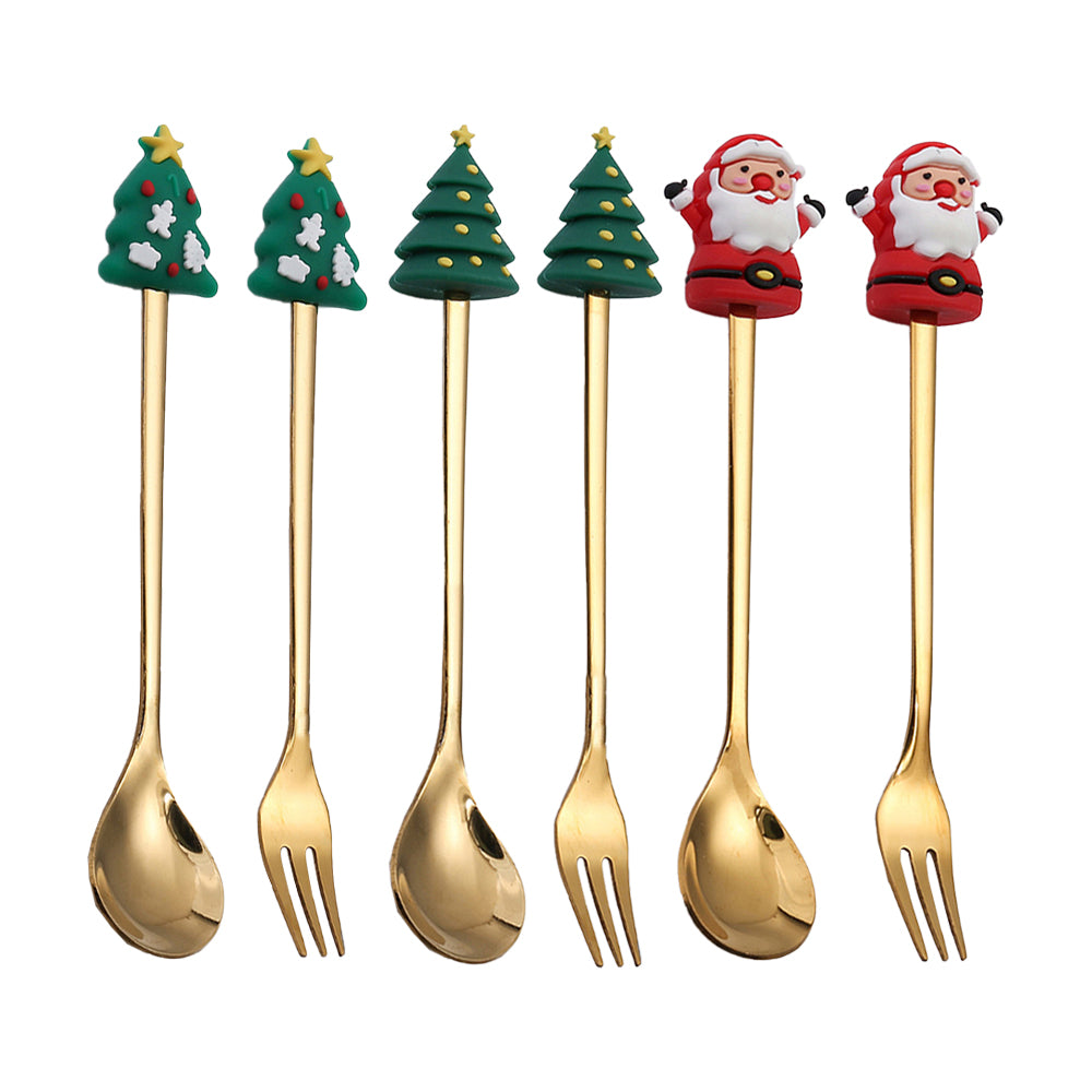 6 X Christmas Stainless Steel Spoons Forks Xmas Spoon Cake Dessert Forks Style1