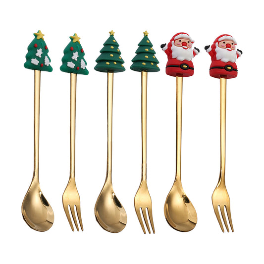6 X Christmas Stainless Steel Spoons Forks Xmas Spoon Cake Dessert Forks Style1
