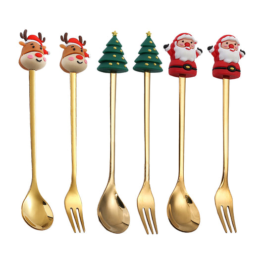 6 X Christmas Stainless Steel Spoons Forks Xmas Spoon Cake Dessert Forks Style2