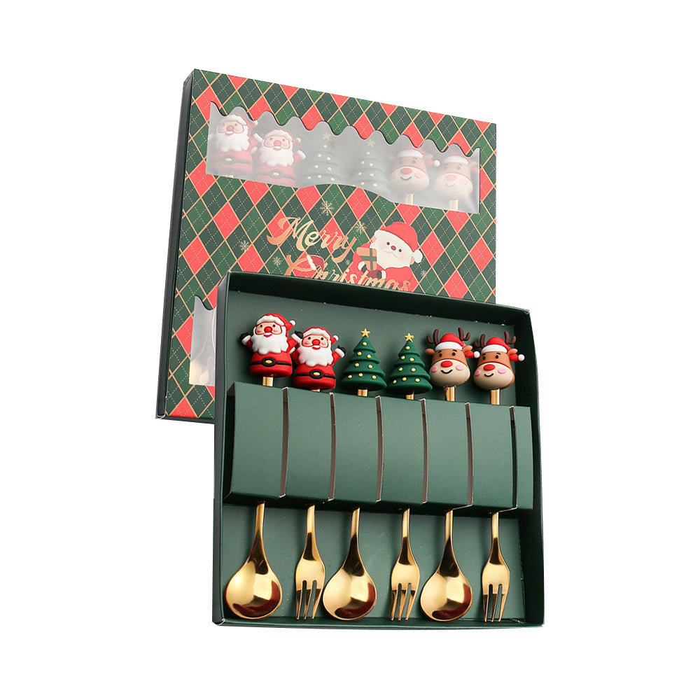 6 X Christmas Stainless Steel Spoons Forks Xmas Spoon Cake Dessert Forks Style2
