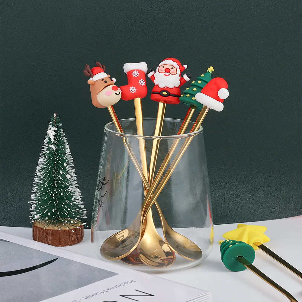 6 X Christmas Stainless Steel Spoons Forks Xmas Spoon Cake Dessert Forks Style2