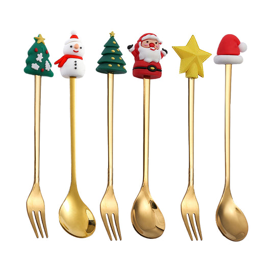 6 X Christmas Stainless Steel Spoons Forks Xmas Spoon Cake Dessert Forks Style3