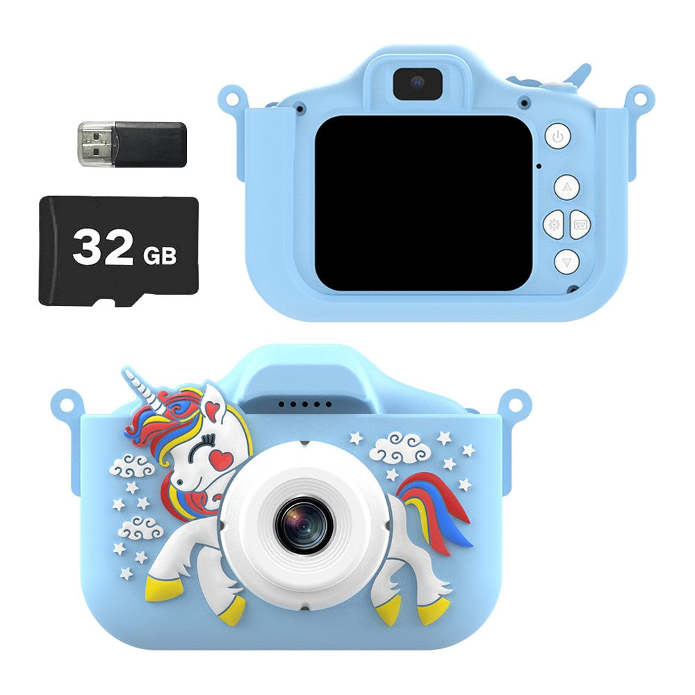 Blue 1080P HD Kids Digital Camera Unicorn Camera Toy with 32G Memory Card