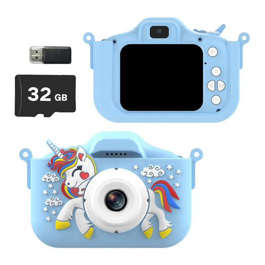 Blue 1080P HD Kids Digital Camera Unicorn Camera Toy with 32G Memory Card