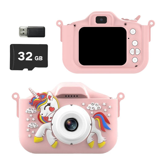 Pink 1080P HD Kids Digital Camera Unicorn Camera Toy with 32G Memory Card