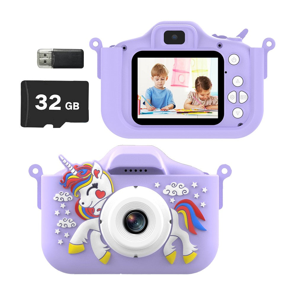 Purple 1080P HD Kids Digital Camera Unicorn Camera Toy  with 32G Memory Card