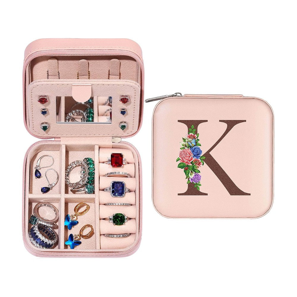 K Initial Letter Travel Jewelry Box Jewelry Case Jewelry Organiser with Mirror