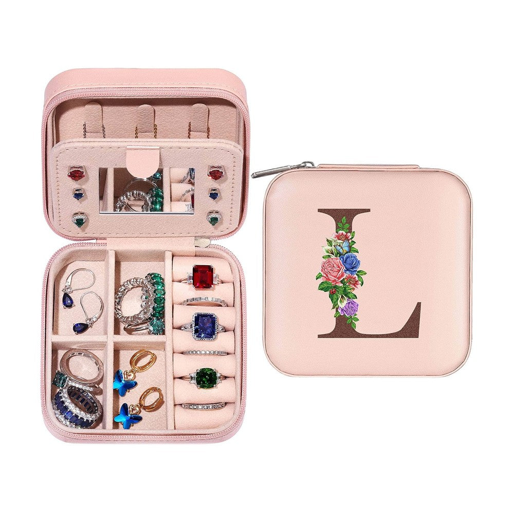 L Initial Letter Travel Jewelry Box Jewelry Case Jewelry Organiser with Mirror