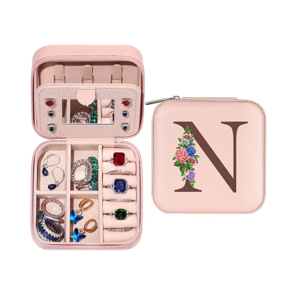 N Initial Letter Travel Jewelry Box Jewelry Case Jewelry Organiser with Mirror