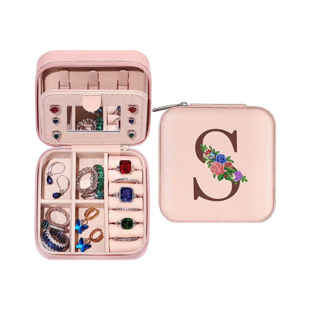 S Initial Letter Travel Jewelry Box Jewelry Case Jewelry Organiser with Mirror