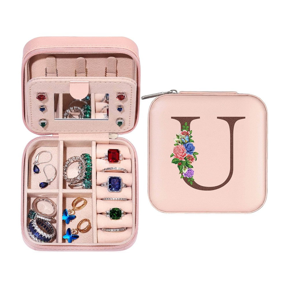 U Initial Letter Travel Jewelry Box Jewelry Case Jewelry Organiser with Mirror