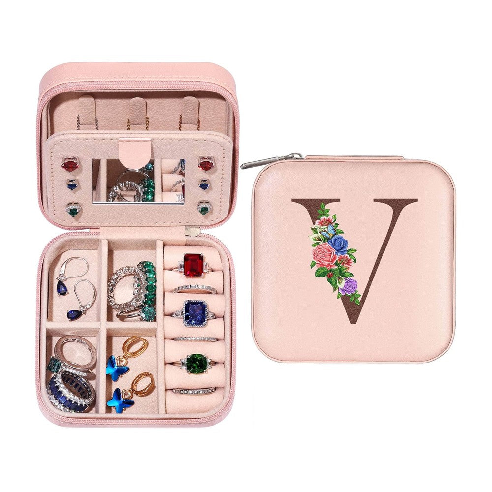 V Initial Letter Travel Jewelry Box Jewelry Case Jewelry Organiser with Mirror