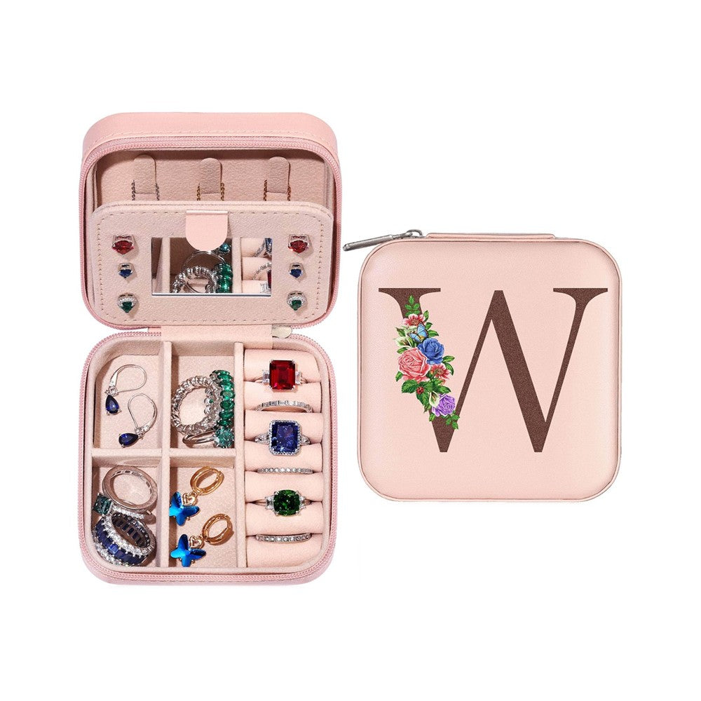 W Initial Letter Travel Jewelry Box Jewelry Case Jewelry Organiser with Mirror