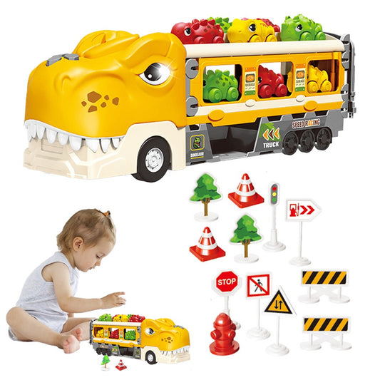 Foldable Dinosaur Truck Car Toys Set with Ejection Race Track - Yellow